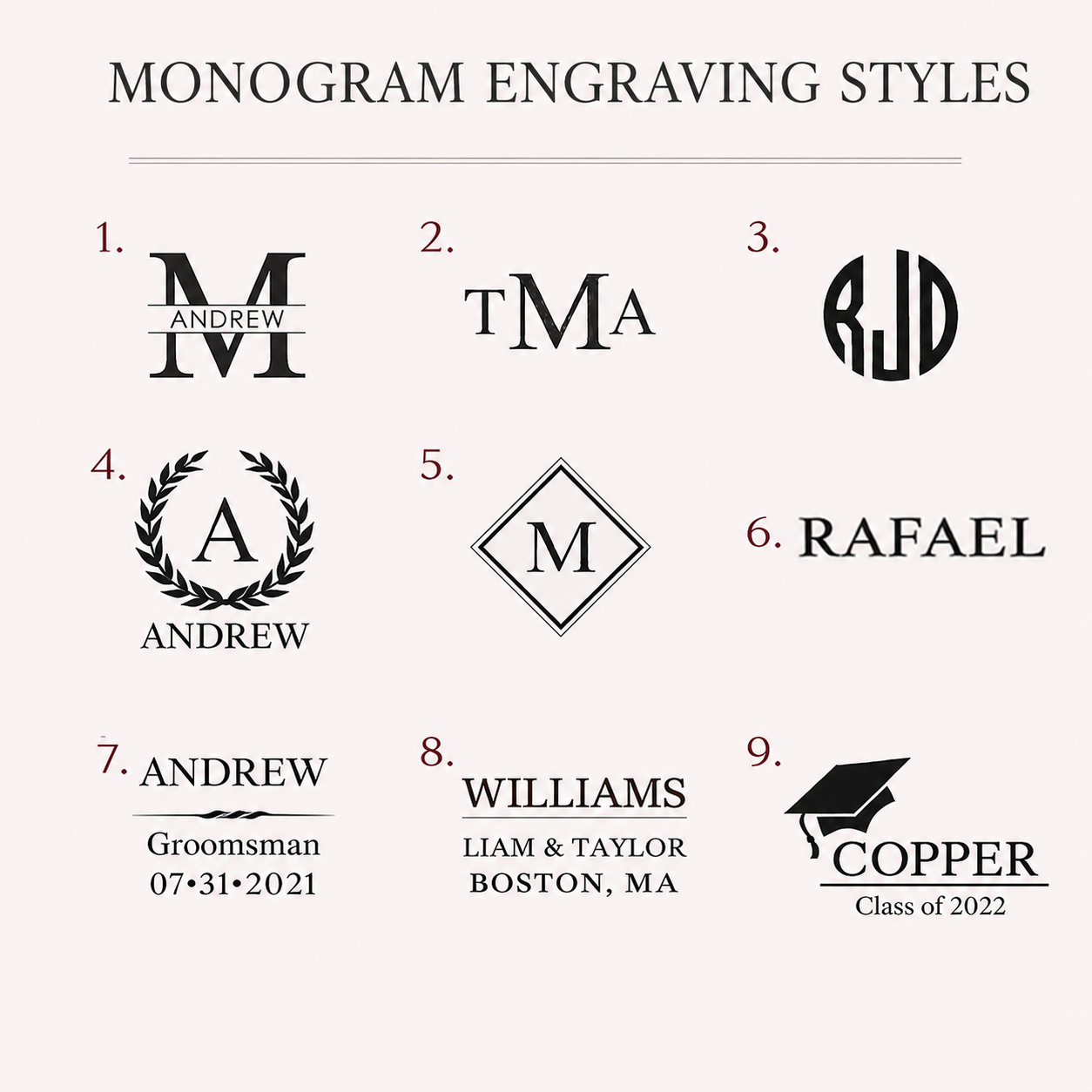 Monogram engraving styles for custom pint glass, including initials, names, dates, and personalized beer glass layouts.