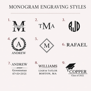 Monogram engraving styles for custom pint glass, including initials, names, dates, and personalized beer glass layouts.
