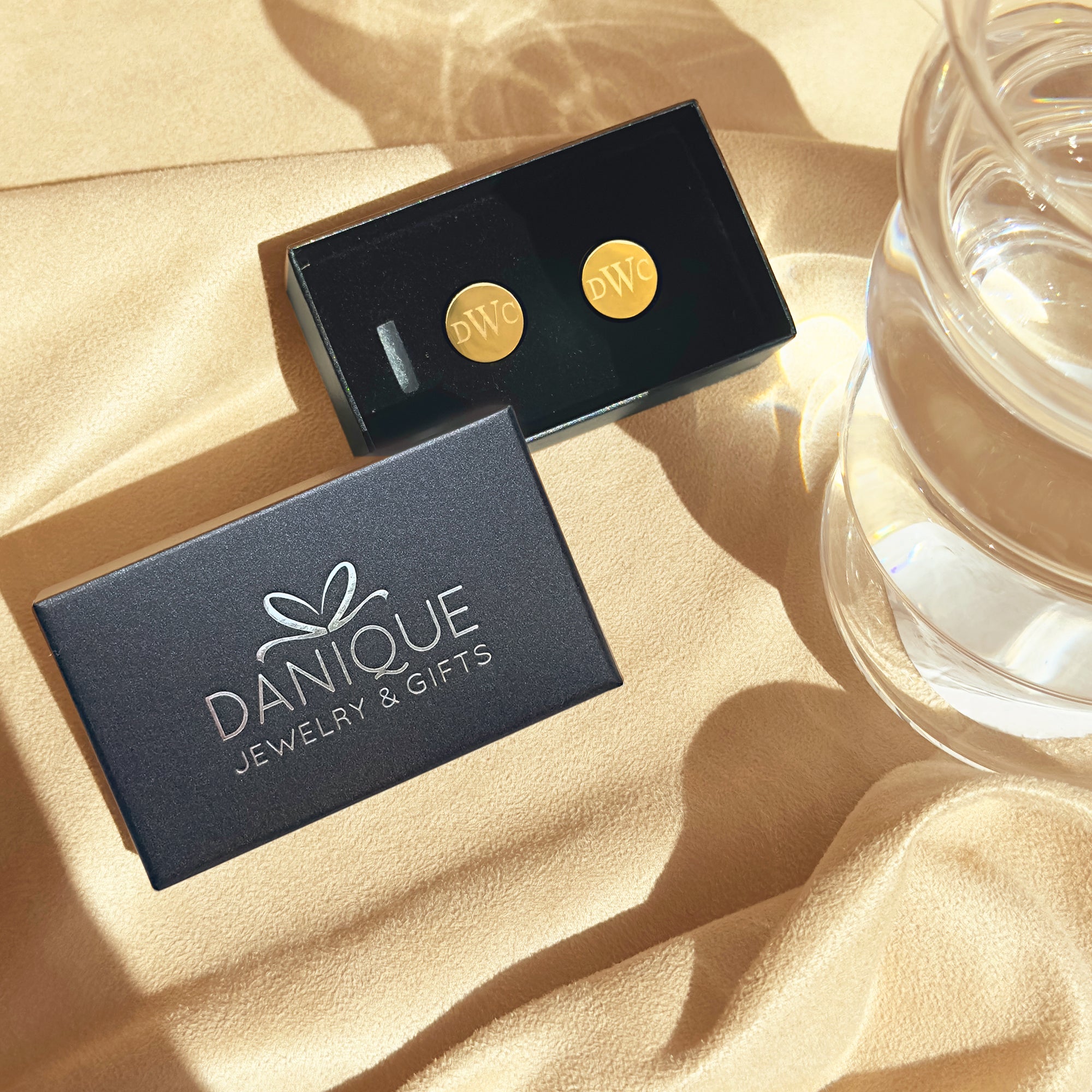 gifting ready! gold pair of monogrammed cufflinks in danique gift box. gift giving ready. gift ready. mens anniversary gifts, gifts for men, christmas gifts for him, valentine's day gifts for men, gift for husband, gift for fiance, father's day gift, birthday gift, wedding anniversary gift, wedding party gift, father of the groom gift, father of the bride gift, gift for grandfather, gift for grandpa, groomsman gift, groomsmen gift