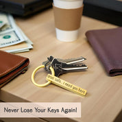 Gold-tone 3D bar keychain photographed with a key ring and car keys on a bright white backdrop. Shows proportional size, polished edges, and custom phrase aligned along the bar—an elegant custom bar keychain for boyfriend or husband with dates, initials, or safety reminders; durable stainless steel construction resists tarnish.