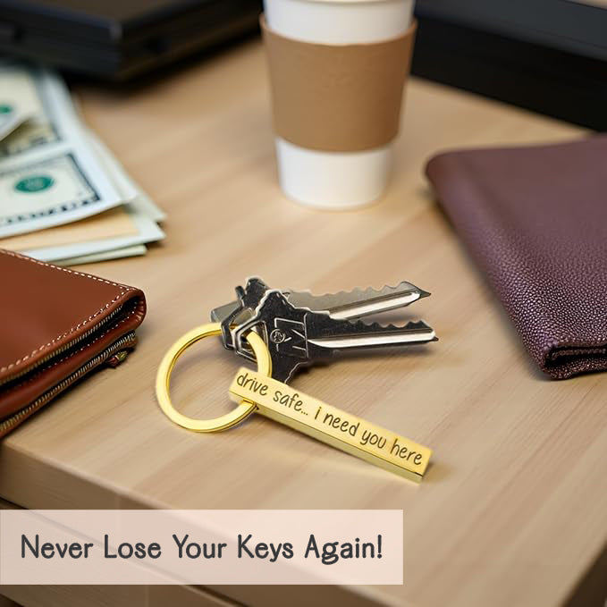 Gold-tone 3D bar keychain photographed with a key ring and car keys on a bright white backdrop. Shows proportional size, polished edges, and custom phrase aligned along the bar—an elegant custom bar keychain for boyfriend or husband with dates, initials, or safety reminders; durable stainless steel construction resists tarnish.