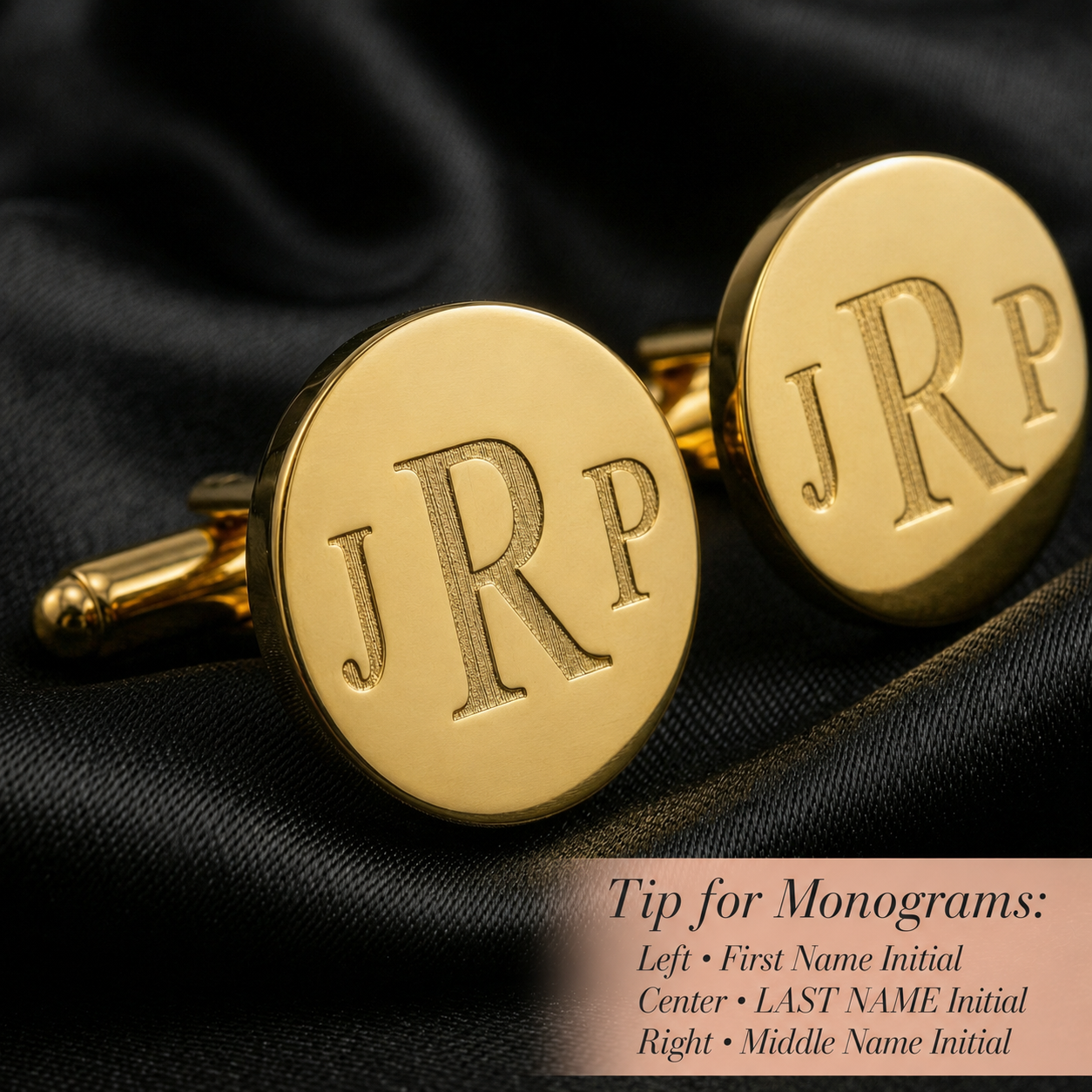 Gold tone stainless steel cufflinks custom engraved with initials or a short message, combining modern elegance with durability, making them a meaningful wedding gift for the groom, best man, father of the bride, or anniversary celebration.