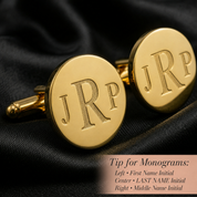 Gold tone stainless steel cufflinks custom engraved with initials or a short message, combining modern elegance with durability, making them a meaningful wedding gift for the groom, best man, father of the bride, or anniversary celebration.