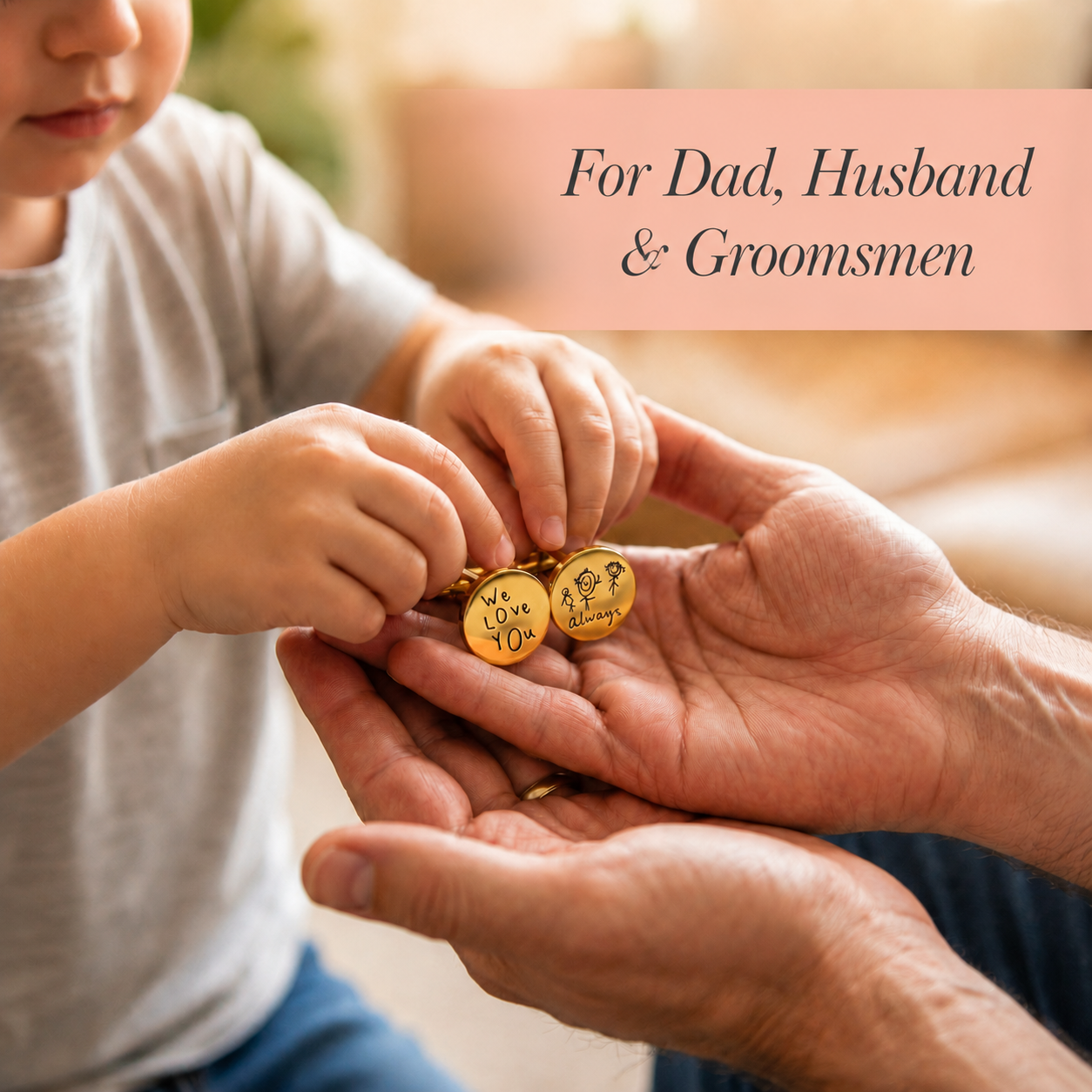Child holding small gold coins with 'For Dad, Husband & Groomsmen' text overlay.