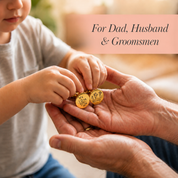 Child holding small gold coins with 'For Dad, Husband & Groomsmen' text overlay.