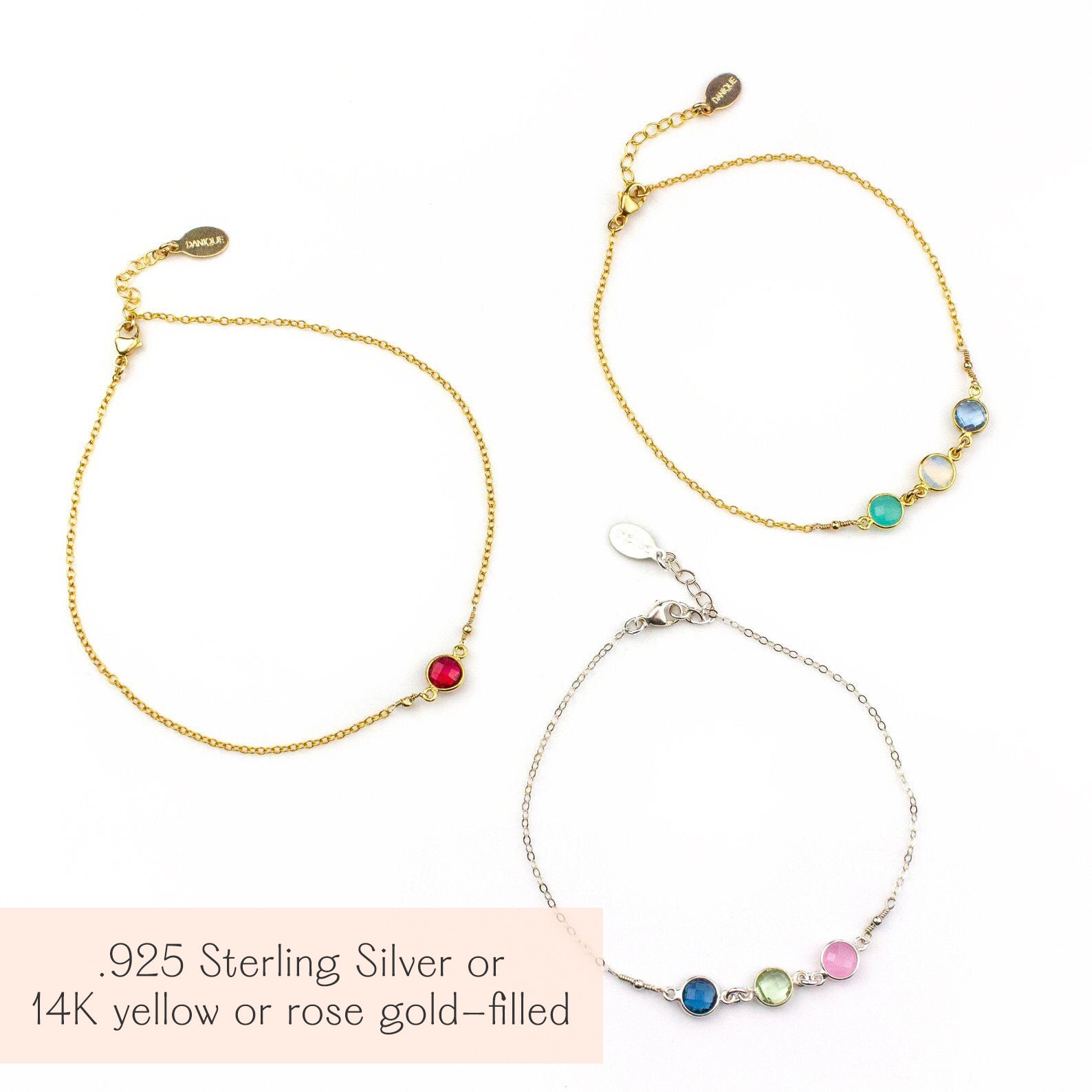 Side-by-side custom birthstone anklets in sterling silver and gold filled, each featuring colorful gemstones. Perfect as a personalized gift for moms, grandmothers, or matching sister/friendship anklets. Handmade in the USA with adjustable or fixed clasp lengths, this jewelry piece is a sentimental keepsake for Mother’s Day, Christmas, anniversaries, or birthdays.