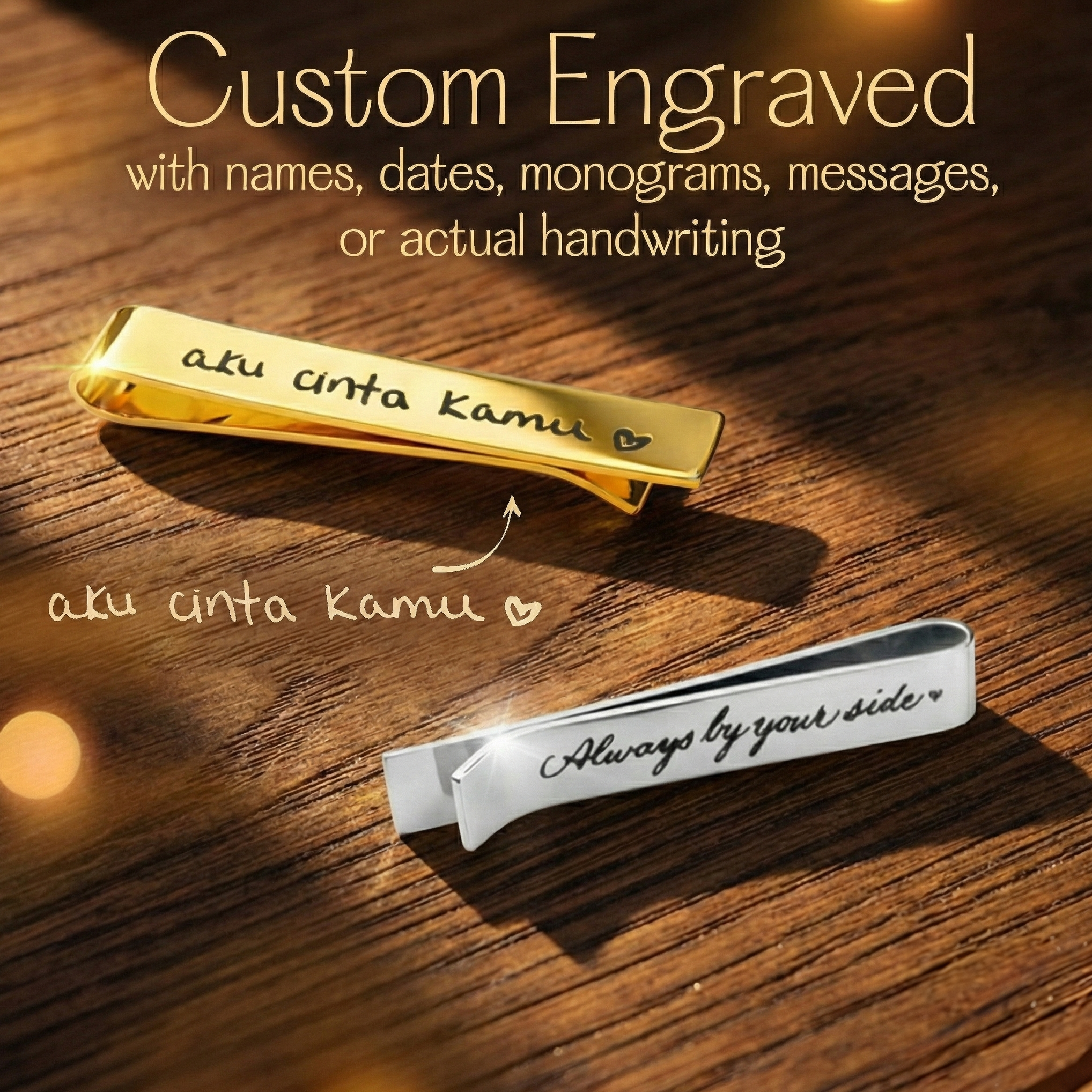 Custom engraving options shown on silver and gold tie clips, featuring names, coordinates, and special messages on front and back for a personalized keepsake gift for him.