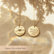 Graduation necklace showing front and back engraving options, including class year, name, and custom message.