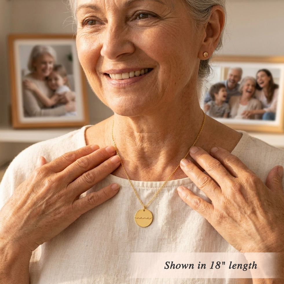 mimi necklace with round engraved charm, personalized disc necklace gift for grandma in a minimalist everyday style