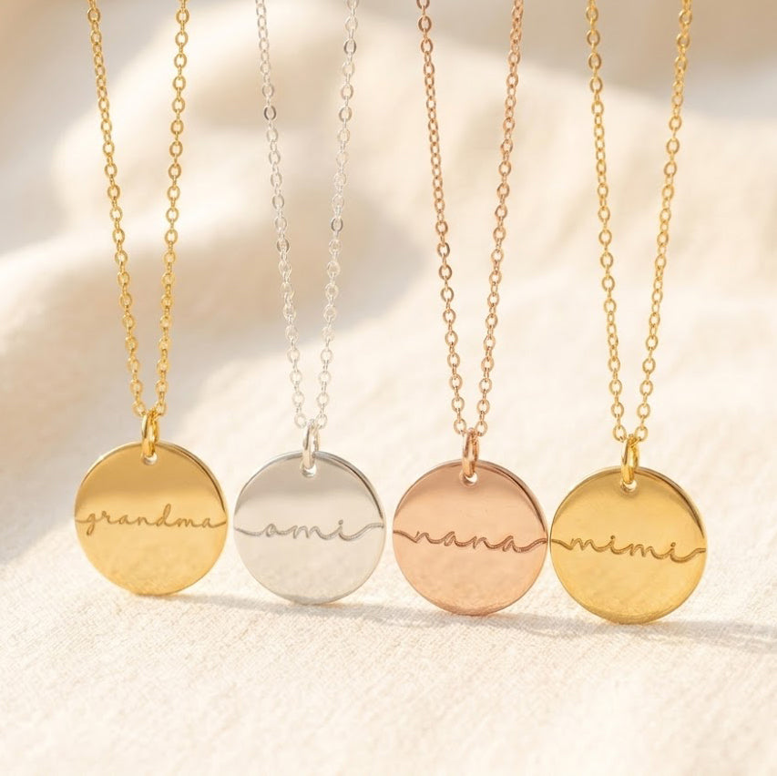personalized grandma disc necklace in gold filled with engraved 19mm charm, dainty necklace for grandma, nana, or mimi