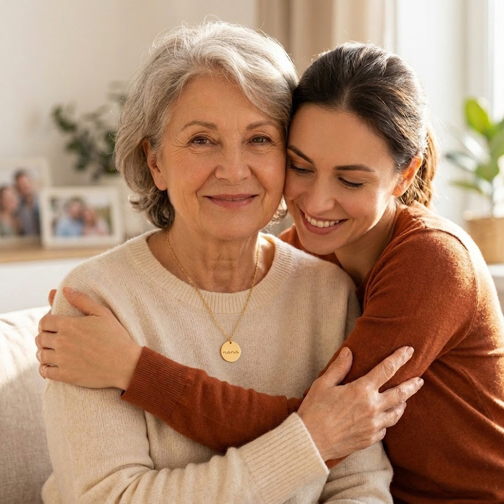 engraved disc necklace for grandma worn on model, minimalist personalized jewelry in sterling silver or gold filled