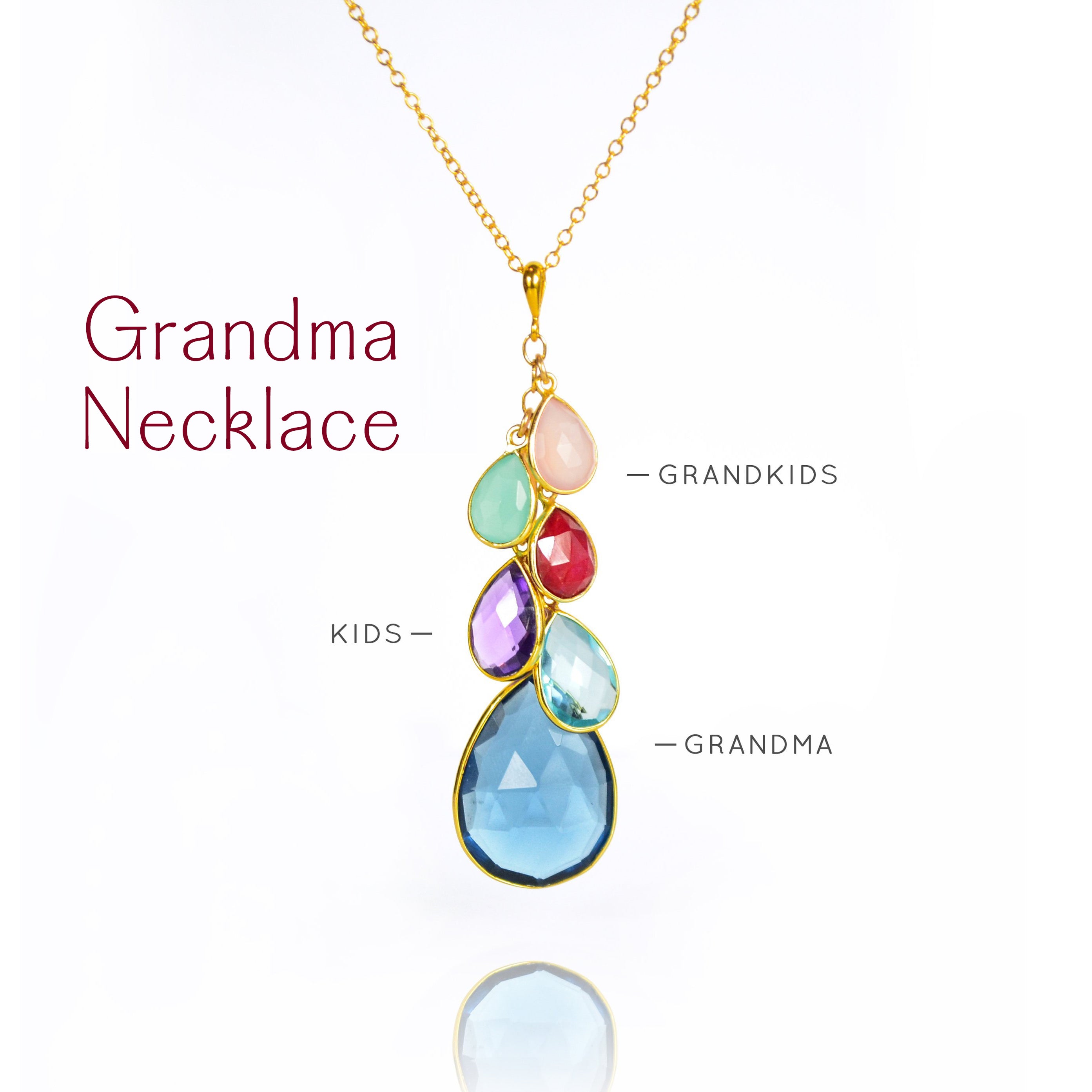 Personalized grandma necklace with birthstones in a family tree–inspired cascade teardrop design, handcrafted in sterling silver or gold vermeil. Each gemstone represents children and grandchildren, making this a meaningful grandmother birthstone necklace and perfect family tree jewelry gift for Mother’s Day or new moms.