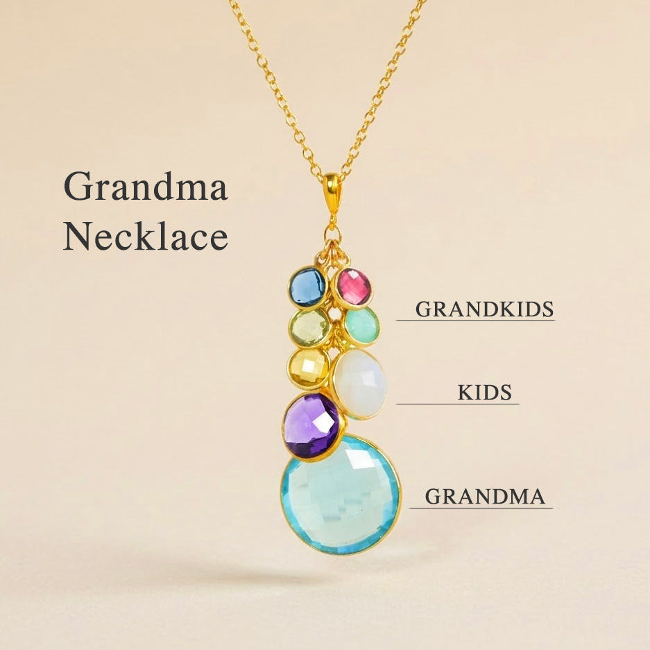 Grandma birthstone necklace with round cascading gemstones in family tree style, featuring grandkids, kids, and grandmother stones in sterling silver, gold, or oxidized silver. A personalized generational jewelry gift for Mother’s Day, Christmas, or birthdays.