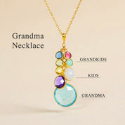 Grandma birthstone necklace with round cascading gemstones in family tree style, featuring grandkids, kids, and grandmother stones in sterling silver, gold, or oxidized silver. A personalized generational jewelry gift for Mother’s Day, Christmas, or birthdays.