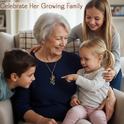 Family birthstone necklace with up to twenty teardrop stones set in silver or gold filled metal, customized to represent each child’s birth month, creating a sentimental and elegant keepsake gift for mothers and grandmothers.