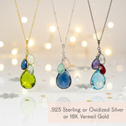 Handcrafted grandmother necklace with cascading teardrop birthstones, each gemstone representing children and grandchildren. This custom grandma jewelry is available in sterling silver, gold vermeil, or oxidized silver, with cable or satellite chain options. A meaningful family keepsake necklace, ideal as a Mother’s Day gift, birthday present, Christmas jewelry, or a thoughtful push present for new moms and mothers-in-law.