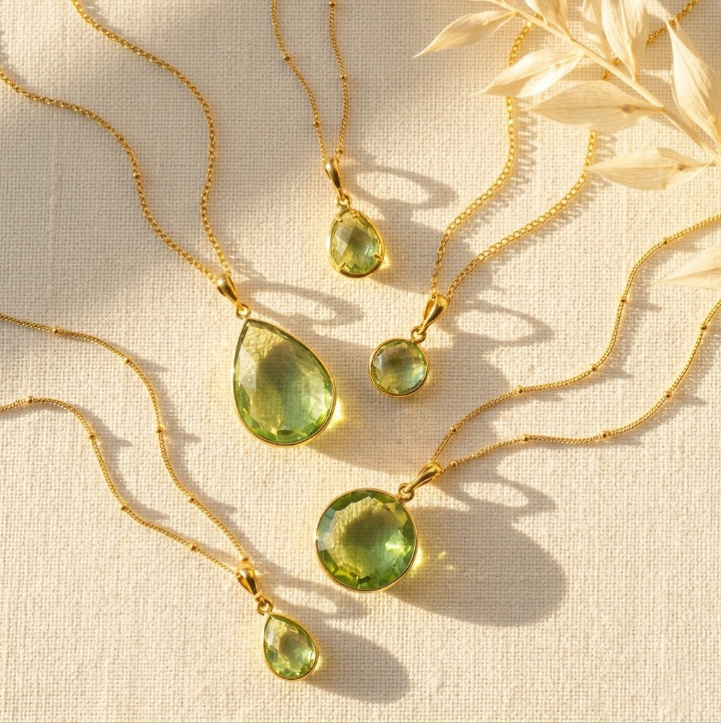 green amethyst necklace set in gold and sterling silver, dainty prasiolite pendant necklaces for layering or everyday jewelry gift