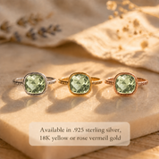Green amethyst cushion rings in sterling silver yellow gold and rose gold
