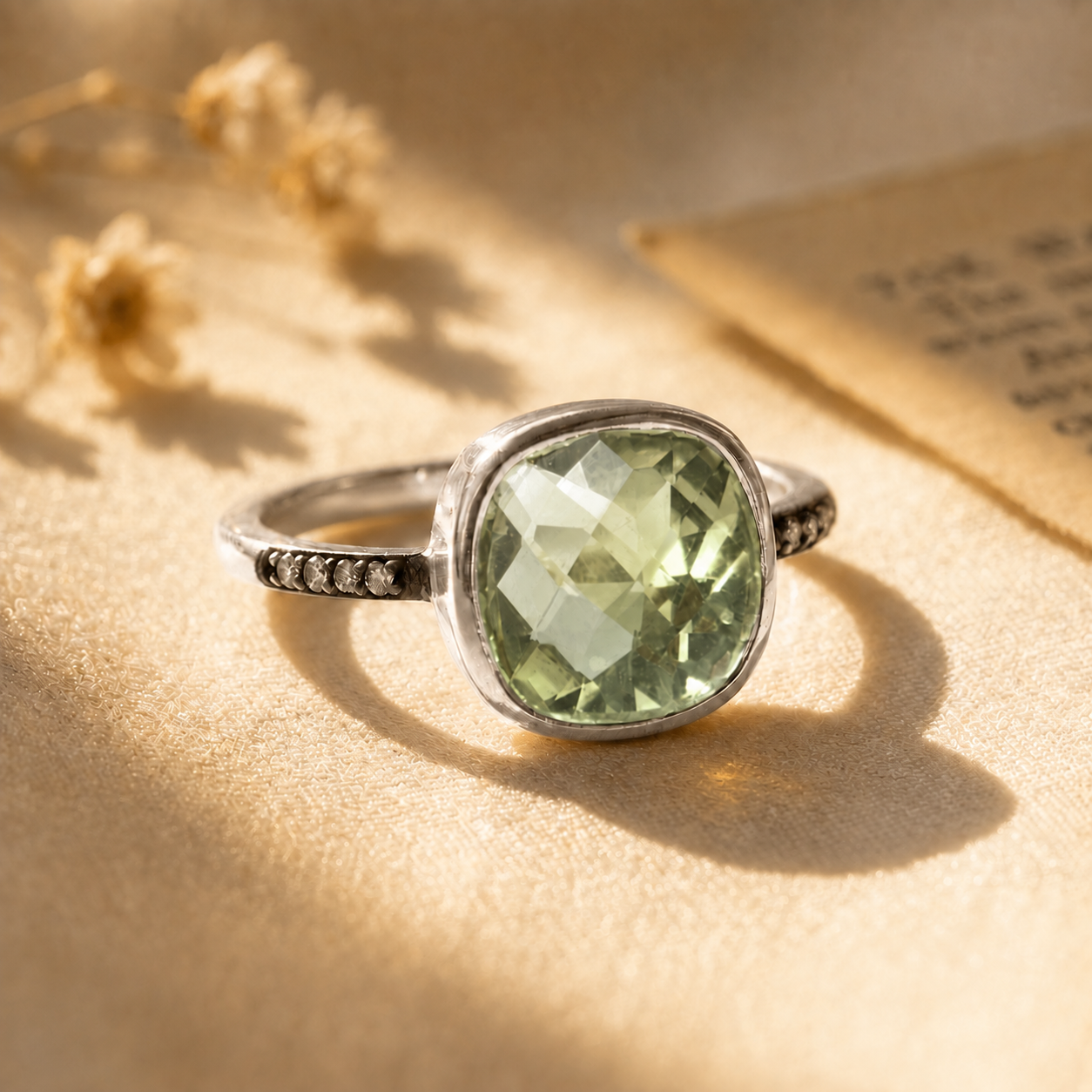 Green amethyst white topaz pave cushion ring in sterling silver
