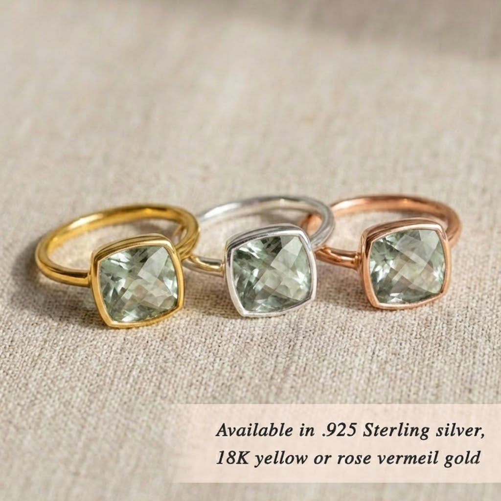Cushion cut green amethyst ring available in sterling silver, 18k gold vermeil and rose gold, 9mm square prasiolite gemstone in bezel setting, February birthstone ring for women, minimalist modern stacking gemstone ring, elegant gold green quartz ring, handcrafted fine jewelry gift