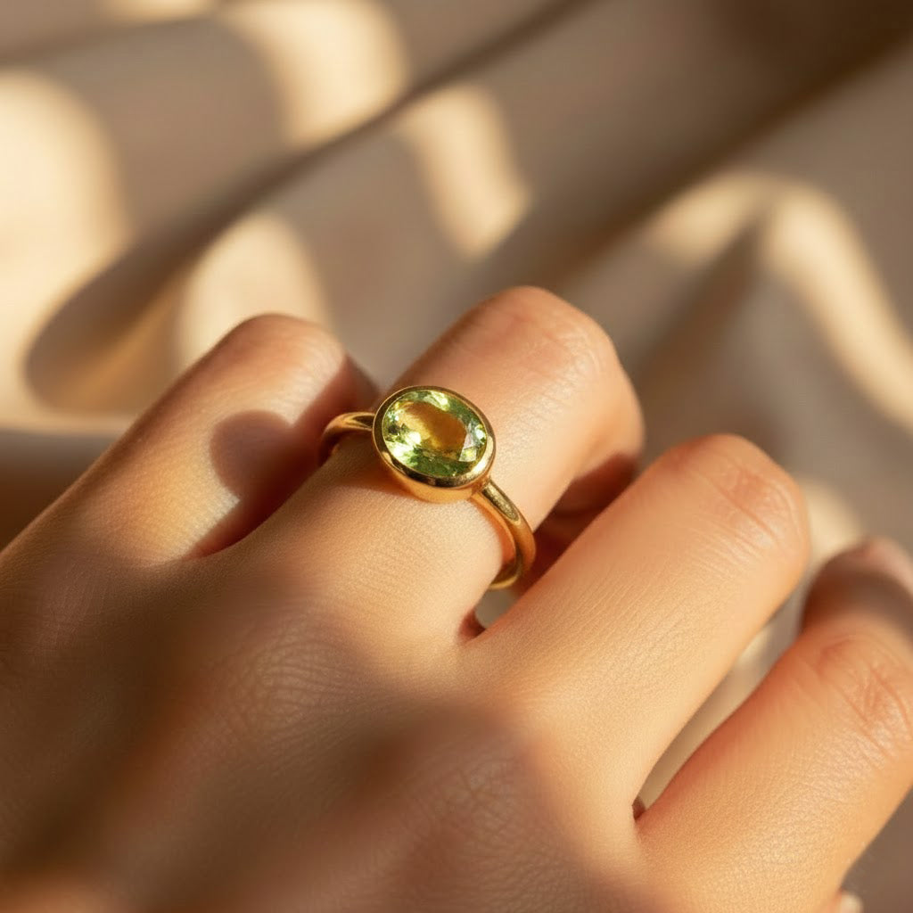 Green amethyst February birthstone ring worn on hand, oval bezel set gemstone ring in gold, minimalist stackable ring for women, delicate everyday jewelry with soft green sparkle