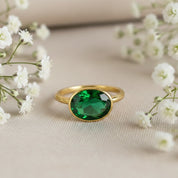 Emerald quartz oval bezel set ring in gold vermeil, minimalist gemstone ring for women, green stone statement ring handcrafted in sterling silver