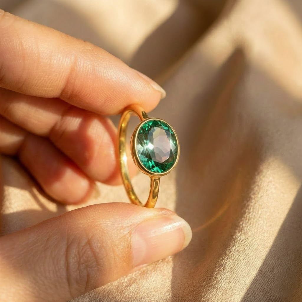 Stacked oval bezel gemstone rings with emerald quartz, minimalist gold stacking rings for women, modern everyday jewelry styling