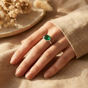 Emerald quartz oval ring worn on hand, dainty gold bezel set gemstone ring, minimalist green stone jewelry for daily wear