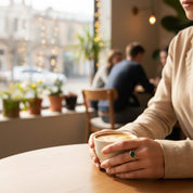 Emerald quartz oval gemstone ring worn on finger, minimalist green stone ring for women, modern everyday jewelry