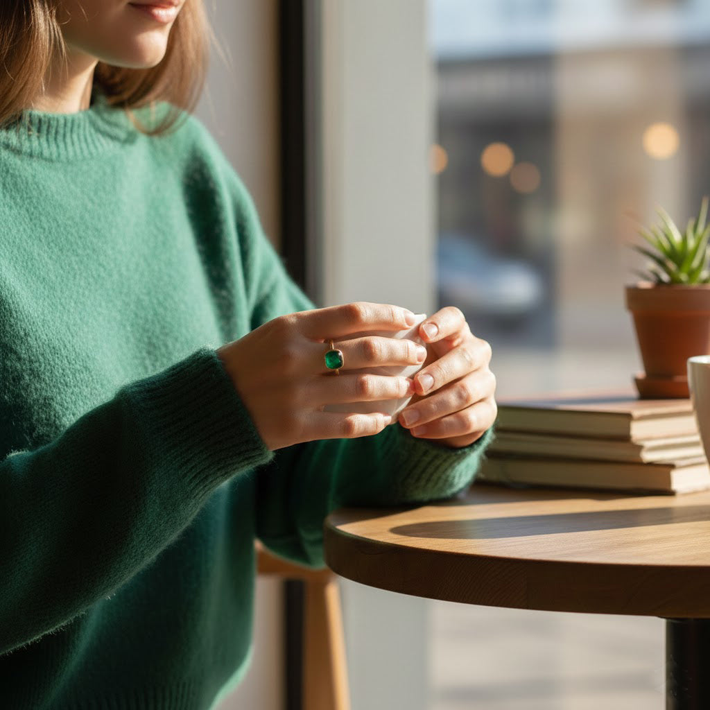 Green onyx cushion cut bezel set ring worn on hand, showing scale and elegant minimalist design. Comfortable everyday gemstone ring, ideal for stacking or wearing alone as a May birthstone statement.