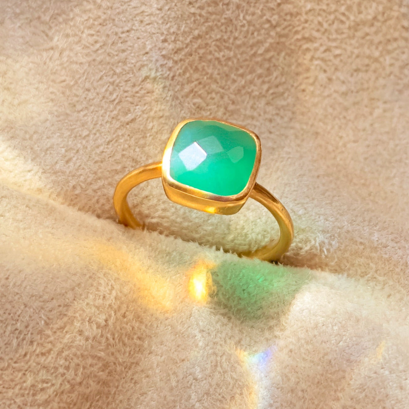 Green Onyx Square Cushion Bezel Stacking Ring: May Birthstone