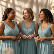 Bridesmaids wearing personalized Green Onyx birthstone necklaces as matching bridal party jewelry.
