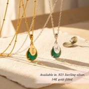 Personalized Green Onyx teardrop birthstone necklaces with engraved oval name charms in gold and sterling silver.
