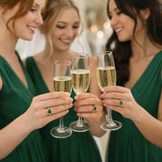 Bridesmaids wearing matching green onyx oval rings, gift idea for wedding party
