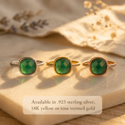 Green onyx pavé rings in sterling silver, yellow gold vermeil, and rose gold vermeil.