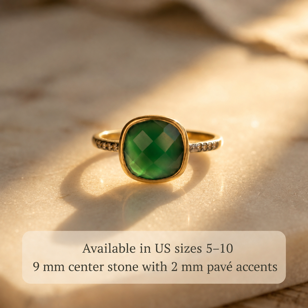 Green onyx ring showing US sizes 5–10, a 9 mm center stone, and 2 mm pavé accents.