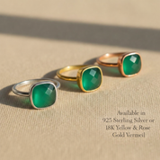 Green onyx cushion cut ring shown in sterling silver and gold vermeil finishes. Bezel set gemstone ring available in multiple metal options, designed for timeless everyday jewelry wear.