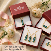 Green tourmaline birthstone jewelry in Danique Jewelry gift boxes
