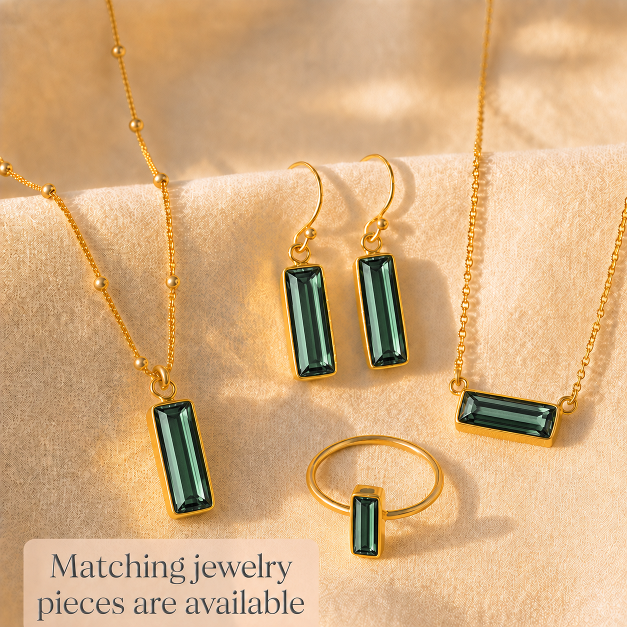 Matching green tourmaline Adira necklaces earrings rings and bracelet
