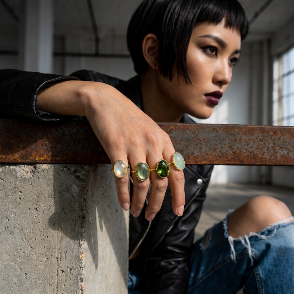 Stacked green tourmaline gemstone rings in gold setting styled for modern fashion look, bold October birthstone statement jewelry for women