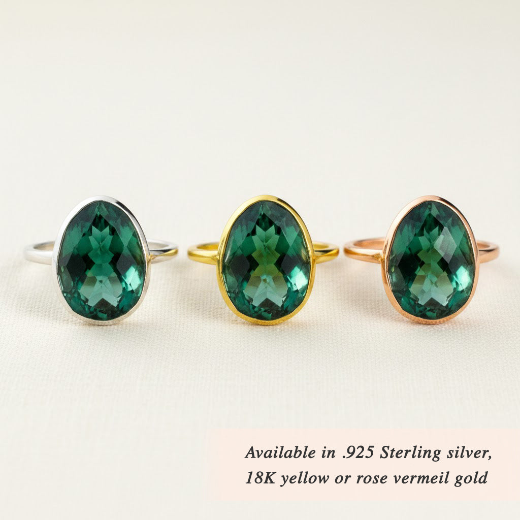 Green tourmaline oval rings available in sterling silver, 14k yellow gold and gold vermeil, minimalist October birthstone gemstone ring collection for women