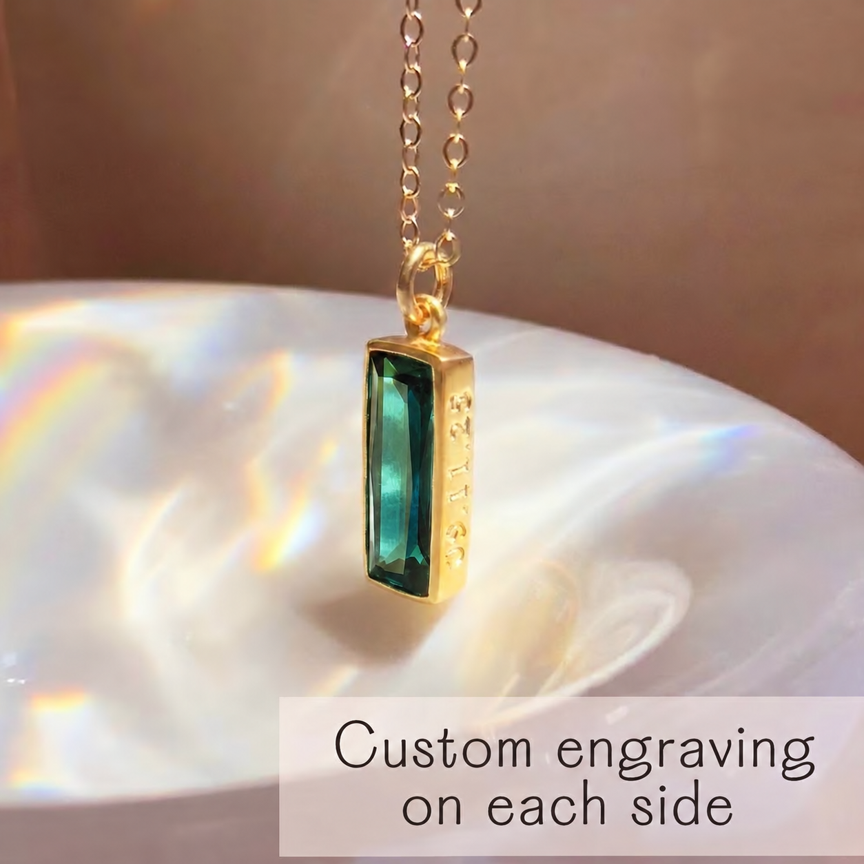 Green tourmaline gemstone bar necklace with custom engraving on each side
