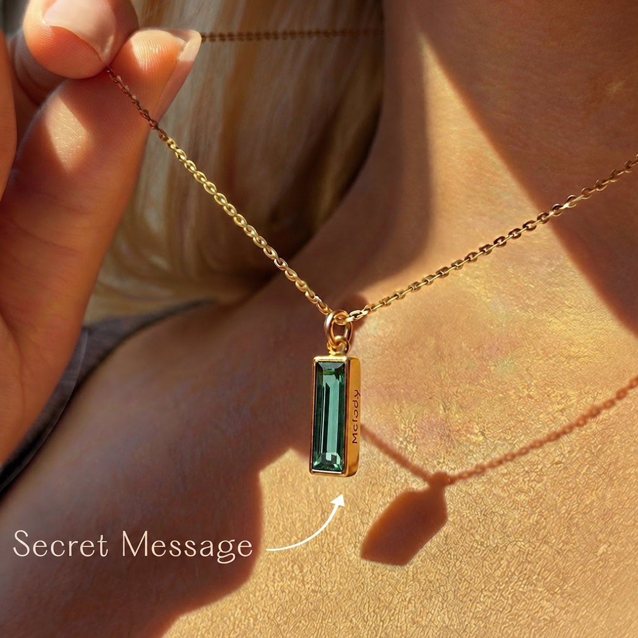 Personalized green tourmaline Adira bar necklace with hidden secret message engraving
