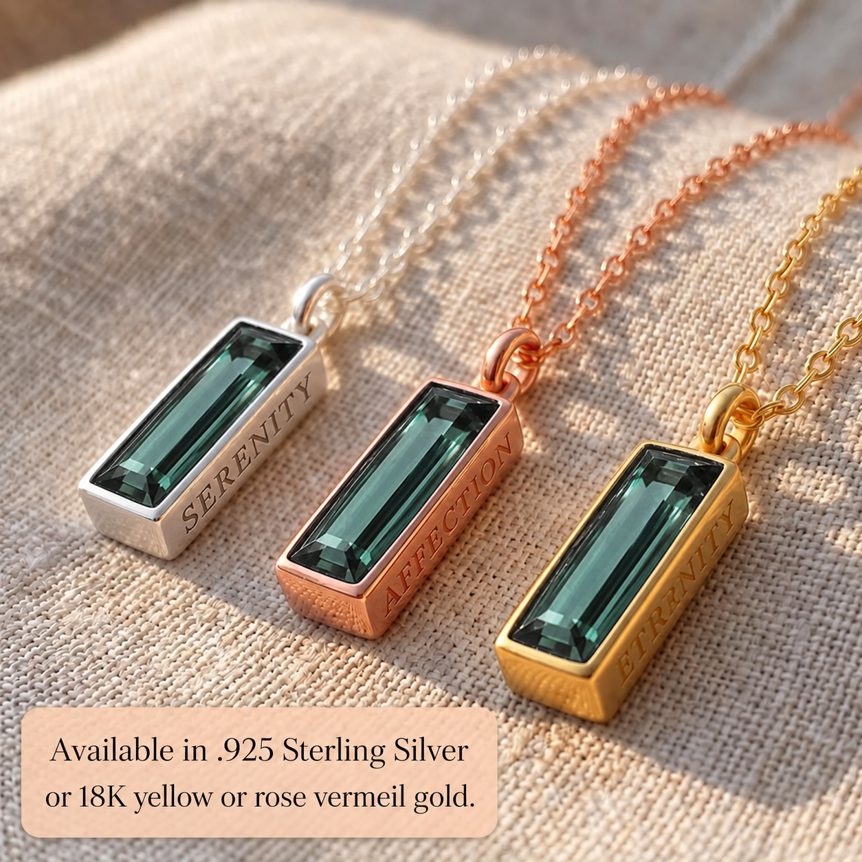 Green tourmaline bar necklaces in sterling silver yellow gold and rose gold
