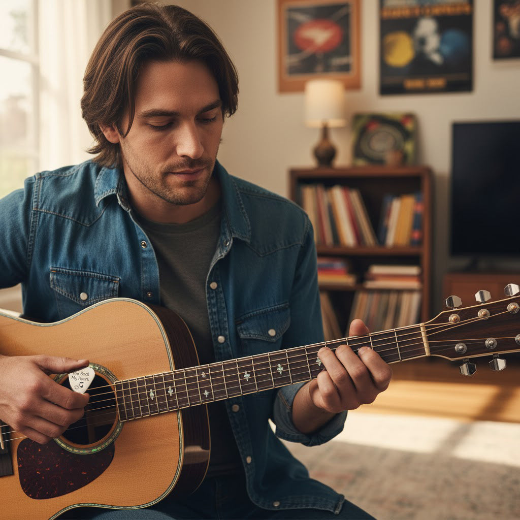 Young man sitting on a sofa playing acoustic guitar, using his custom engraved metal guitar pick, illustrating how the personalized plectrum looks in real use. Thoughtful gift for guitarist boyfriend, husband, dad or friend who loves music, perfect for birthdays, Christmas, Father’s Day or anniversary, meaningful keepsake pick with engraved message, song lyrics, initials or important date.