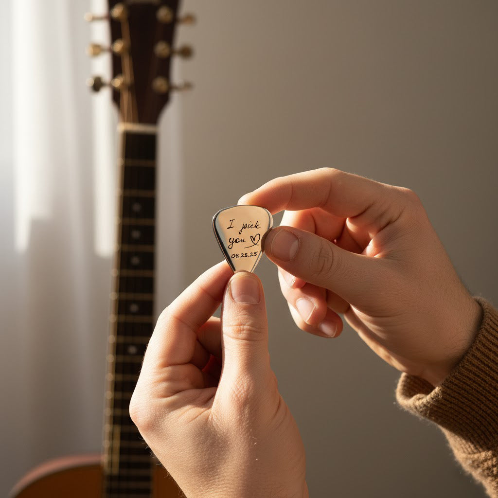 Two hands holding different engraved guitar picks in front of a guitar, demonstrating multiple font options and short messages such as “I Pick You” or “Best Dad Ever.” Personalized stainless steel plectrums that can be customized with names, initials, dates or quotes, unique gift for guitar player, music teacher or dad, perfect for Father’s Day, Christmas stocking stuffer or birthday present.