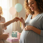 Close-up of engraved heartbeat keychain resting against pregnant belly, representing baby’s first heartbeat. Emotional ultrasound jewelry gift for expecting moms and meaningful pregnancy milestones.