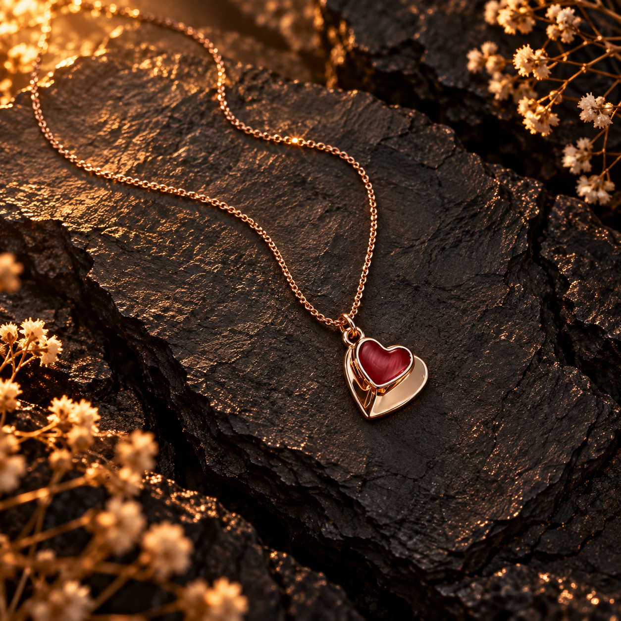 Endless Romance Double Heart Necklace, Boho Collection Rose Gold Red Heart Pendant