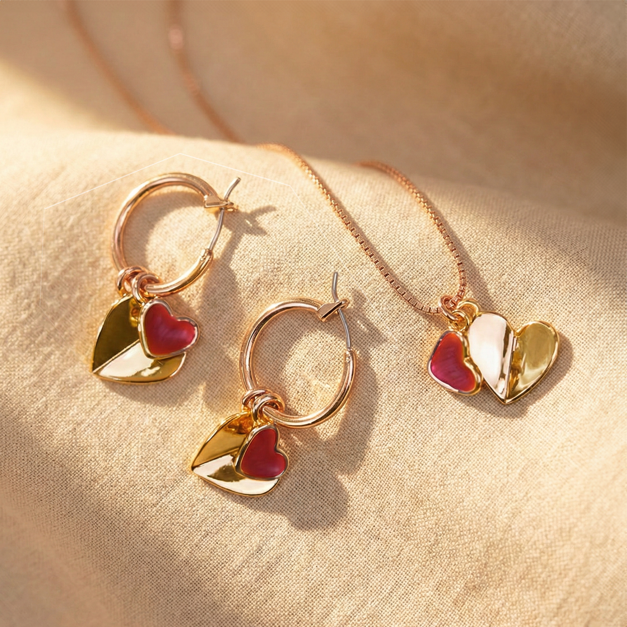 Boho Endless Romance Jewelry Set, Double Heart Charm Rose Gold Statement Jewelry, Red Love Hearts Gift Set, Rose Gold Heart Gift for Girlfriend Couple