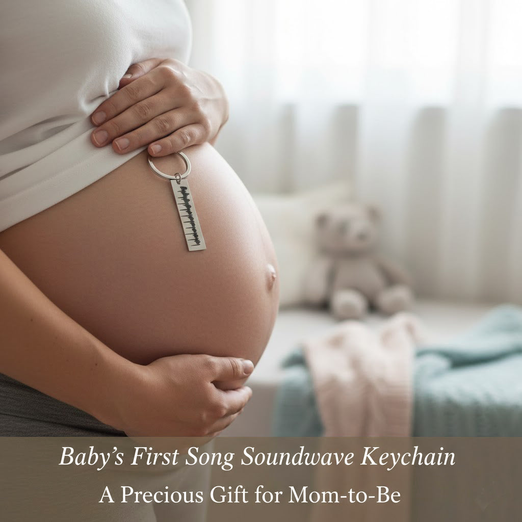 Pregnant woman holding custom engraved heartbeat keychain against baby bump, symbolizing baby’s first heartbeat. Emotional pregnancy keepsake gift for expecting moms, ultrasound jewelry lovers, and sentimental baby milestones.